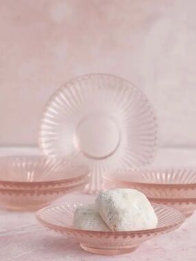 Elegant Pink Ribbed Glass Dish. Hand Crated  - Set of 3